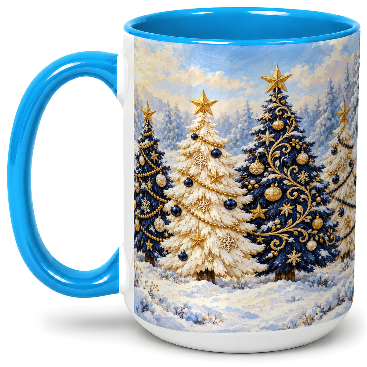 #pl[15oz|Blue] Navy Blue Christmas Trees Accent Mug, Ceramic Holiday Coffee Cup
