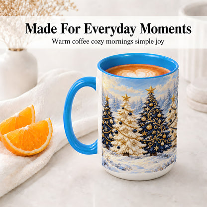 #pl[15oz|Blue] Navy Blue Christmas Trees Accent Mug, Ceramic Holiday Coffee Cup