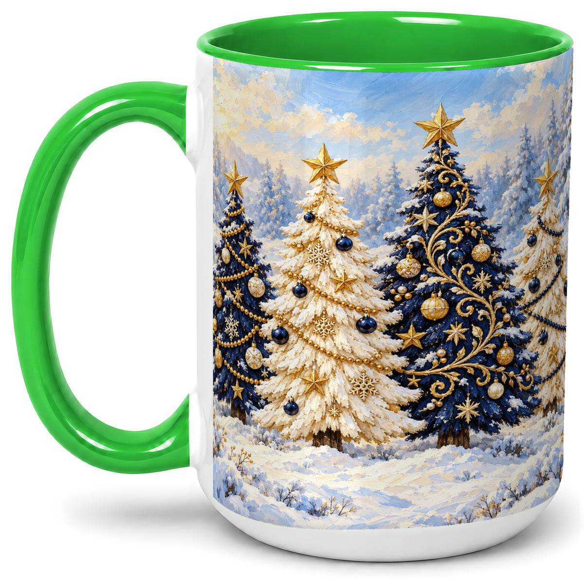 #pl[15oz|Green] Navy Blue Christmas Trees Accent Mug, Ceramic Holiday Coffee Cup