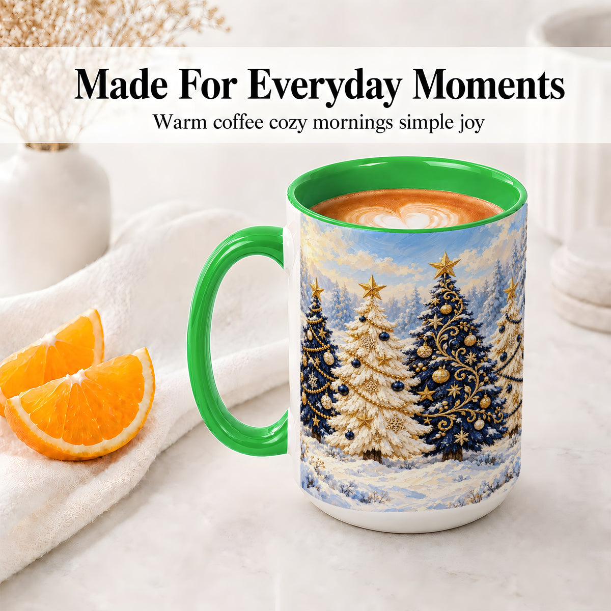 #pl[15oz|Green] Navy Blue Christmas Trees Accent Mug, Ceramic Holiday Coffee Cup