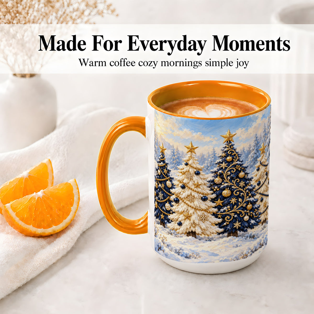#pl[15oz|Orange] Navy Blue Christmas Trees Accent Mug, Ceramic Holiday Coffee Cup