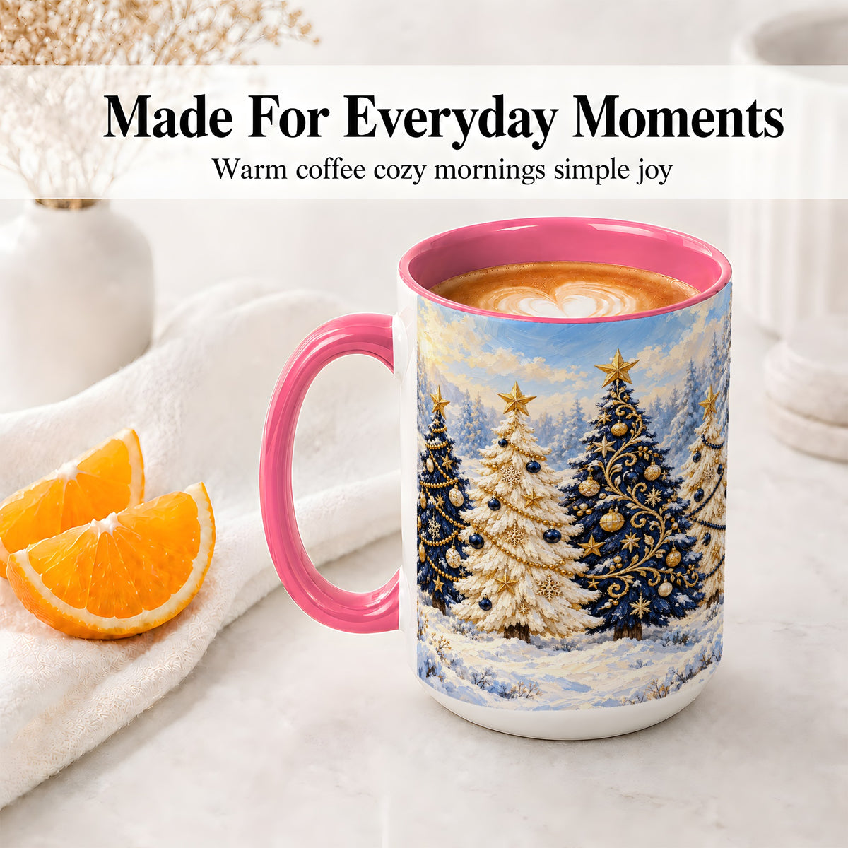 #pl[15oz|Pink] Navy Blue Christmas Trees Accent Mug, Ceramic Holiday Coffee Cup