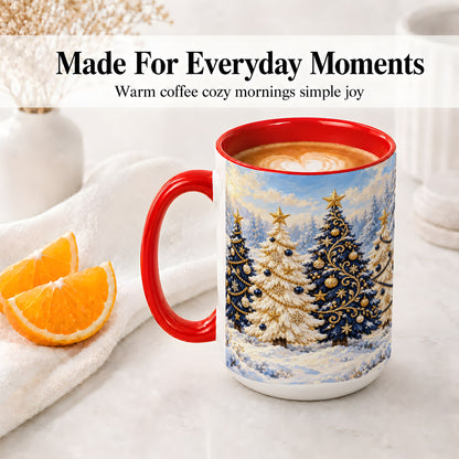 #pl[15oz|Red] Navy Blue Christmas Trees Accent Mug, Ceramic Holiday Coffee Cup
