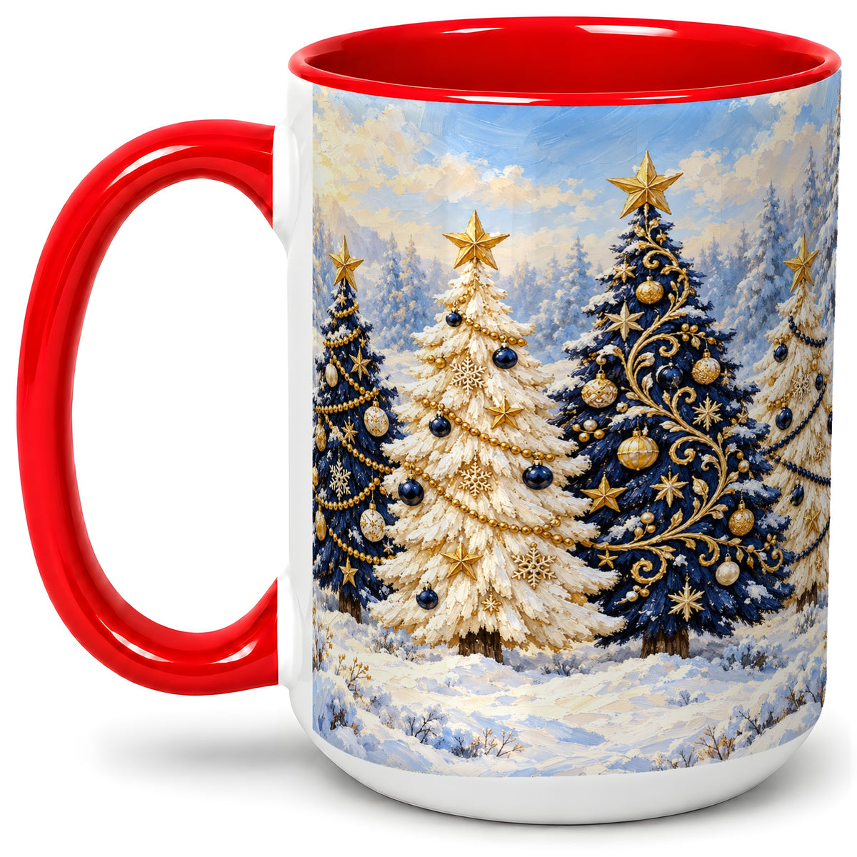 #pl[15oz|Red] Navy Blue Christmas Trees Accent Mug, Ceramic Holiday Coffee Cup
