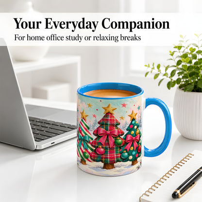 #pl[11oz|Blue] Colorful Christmas Trees Accent Mug, Ceramic Cup with Plaid Bows