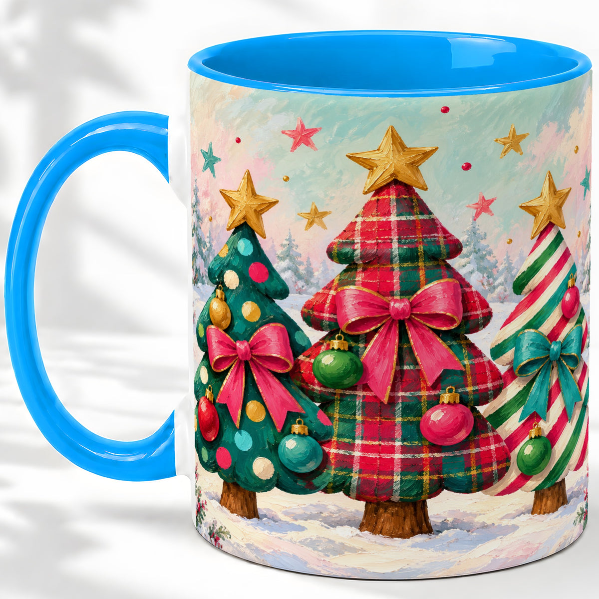 #pl[11oz|Blue] Colorful Christmas Trees Accent Mug, Ceramic Cup with Plaid Bows