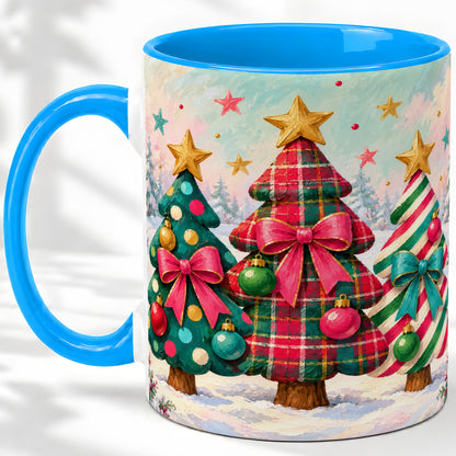 #pl[11oz|Blue] Colorful Christmas Trees Accent Mug, Ceramic Cup with Plaid Bows