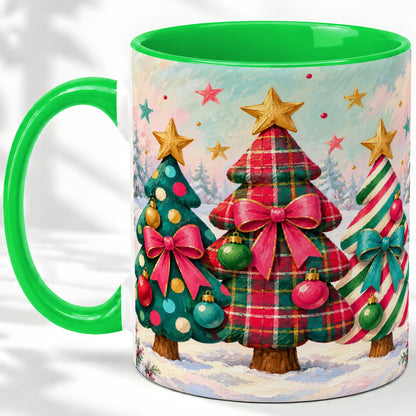 #pl[11oz|Green] Colorful Christmas Trees Accent Mug, Ceramic Cup with Plaid Bows
