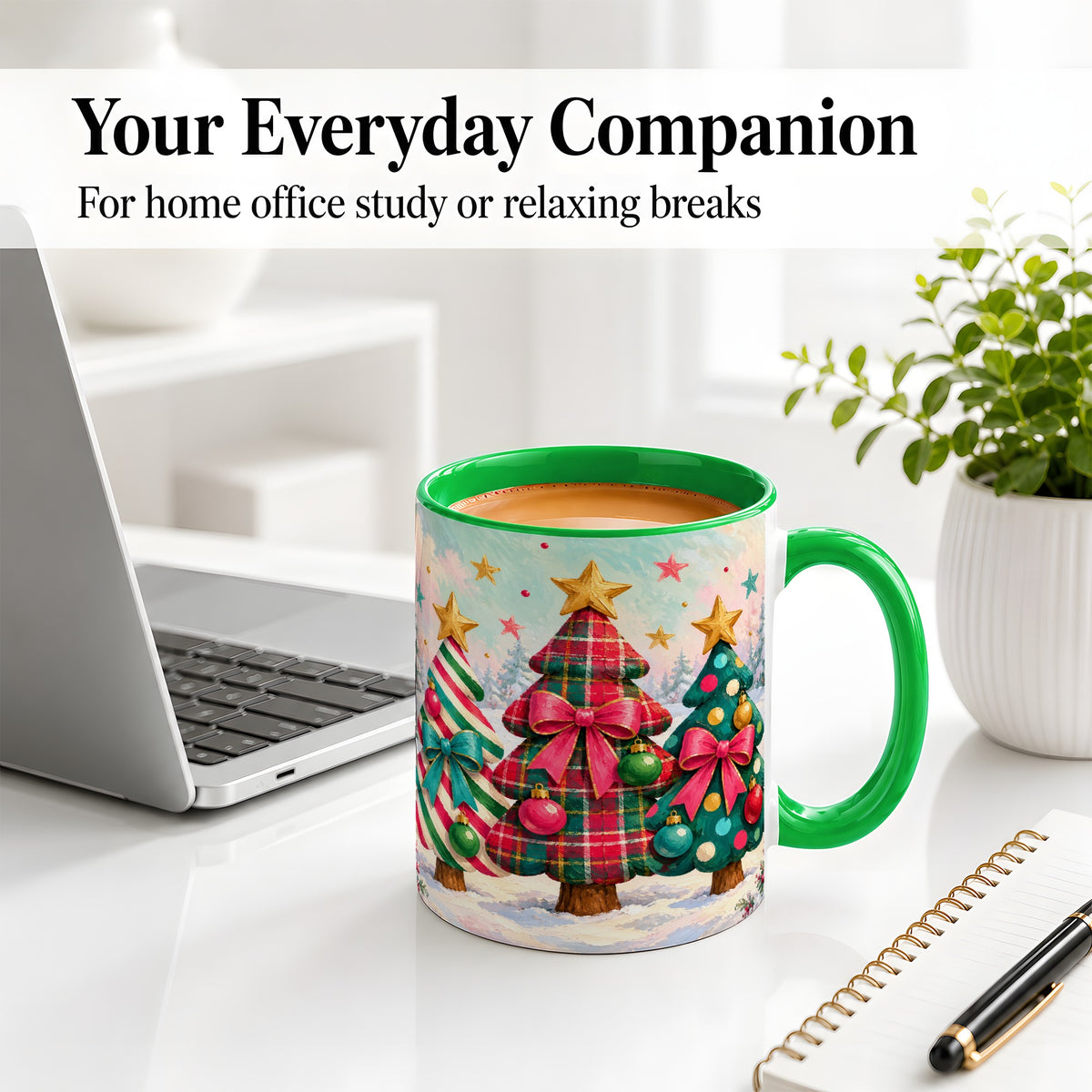 #pl[11oz|Green] Colorful Christmas Trees Accent Mug, Ceramic Cup with Plaid Bows