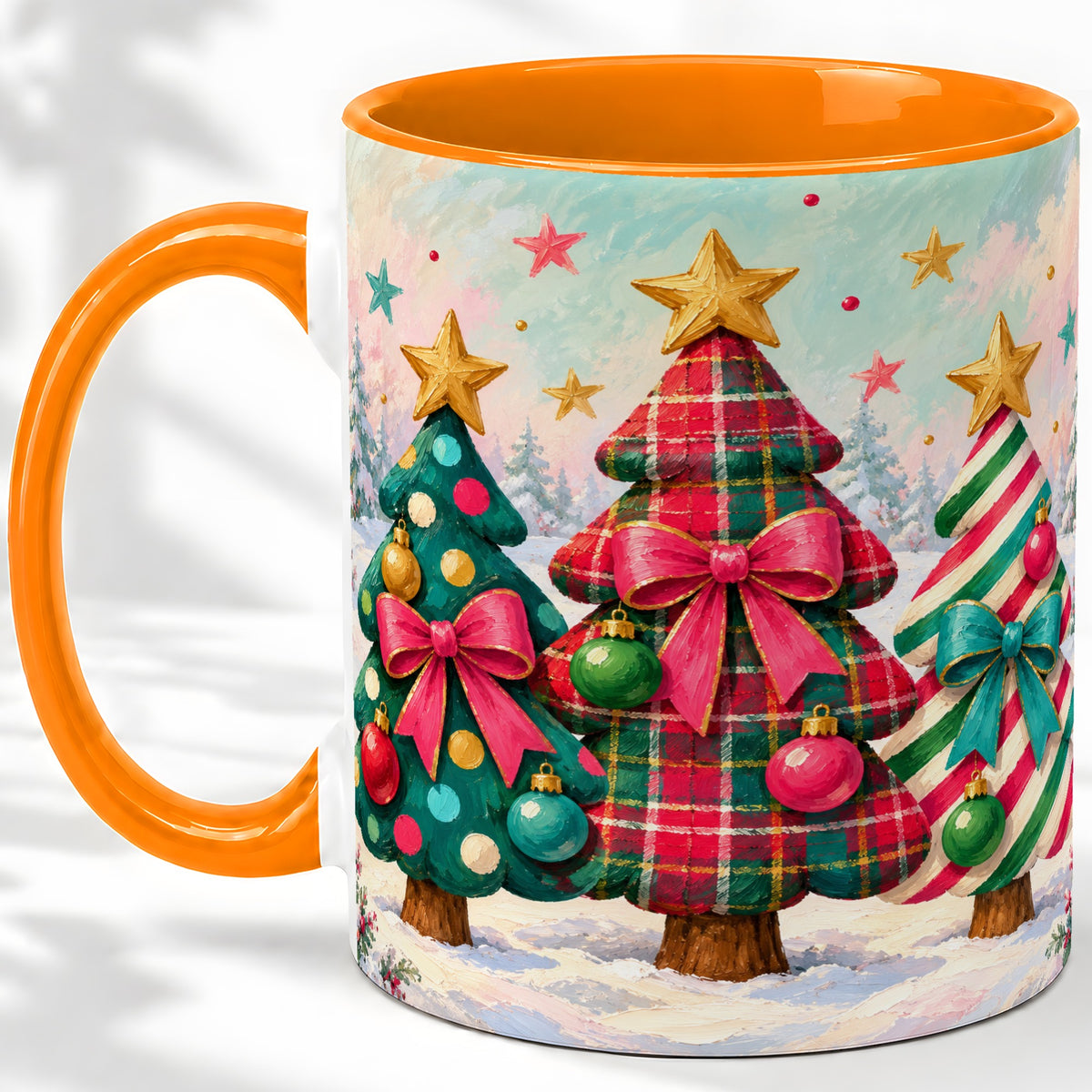 #pl[11oz|Orange] Colorful Christmas Trees Accent Mug, Ceramic Cup with Plaid Bows