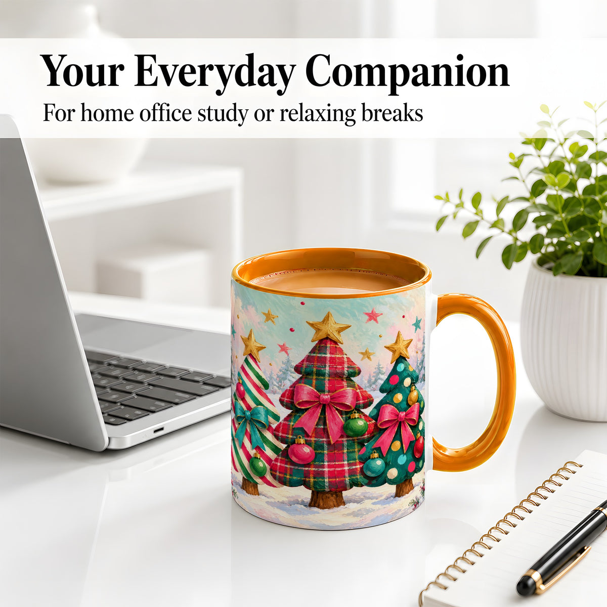 #pl[11oz|Orange] Colorful Christmas Trees Accent Mug, Ceramic Cup with Plaid Bows