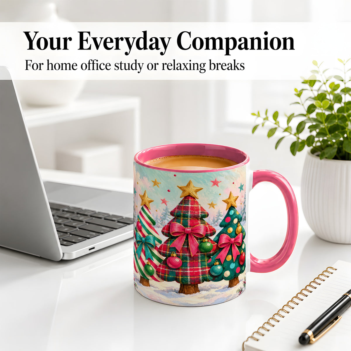 #pl[11oz|Pink] Colorful Christmas Trees Accent Mug, Ceramic Cup with Plaid Bows