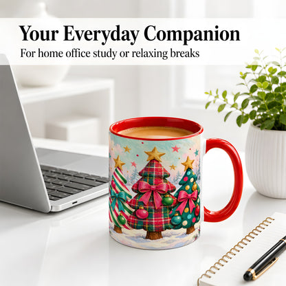 #pl[11oz|Red] Colorful Christmas Trees Accent Mug, Ceramic Cup with Plaid Bows