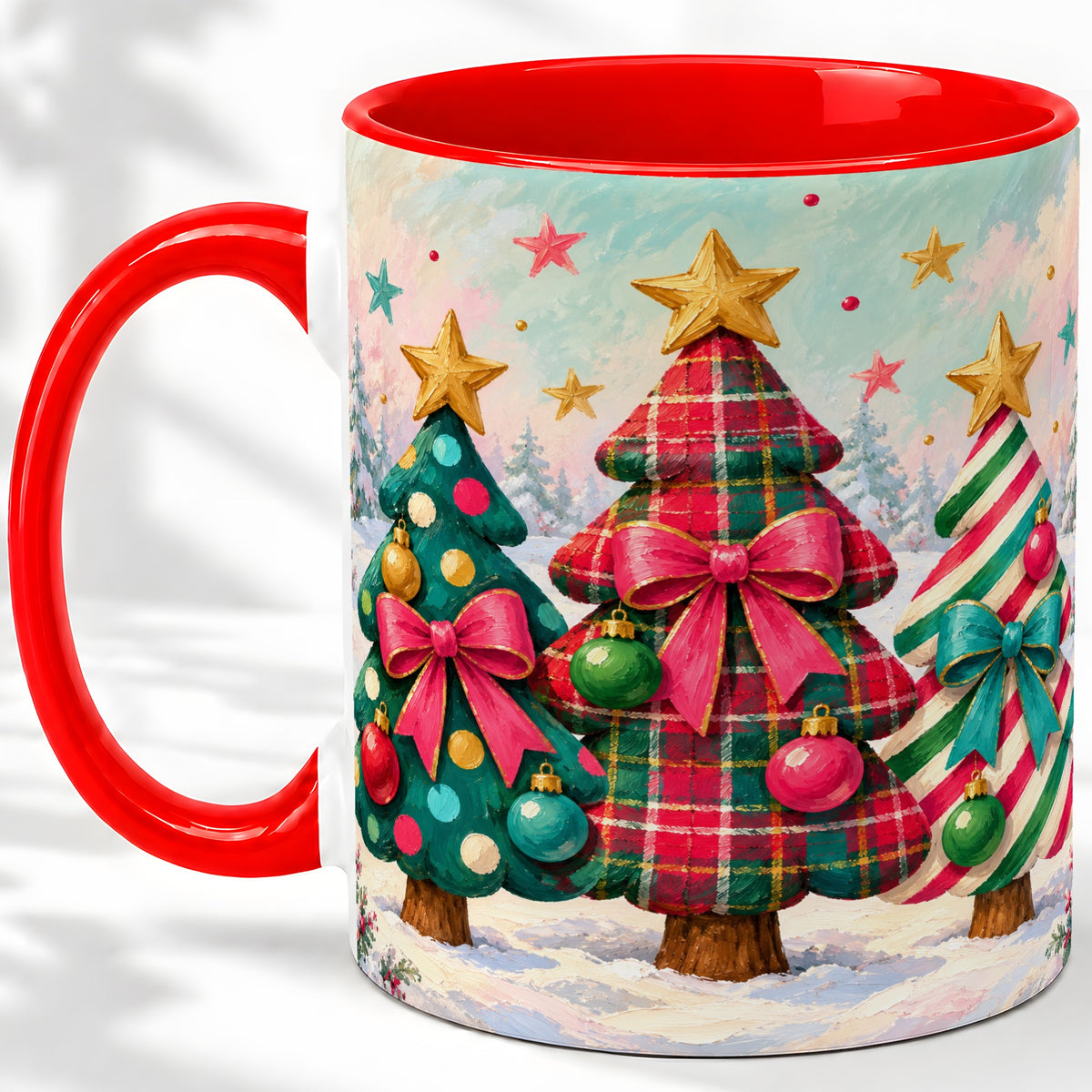 Colorful Christmas Trees Accent Mug, Ceramic Cup with Plaid Bows