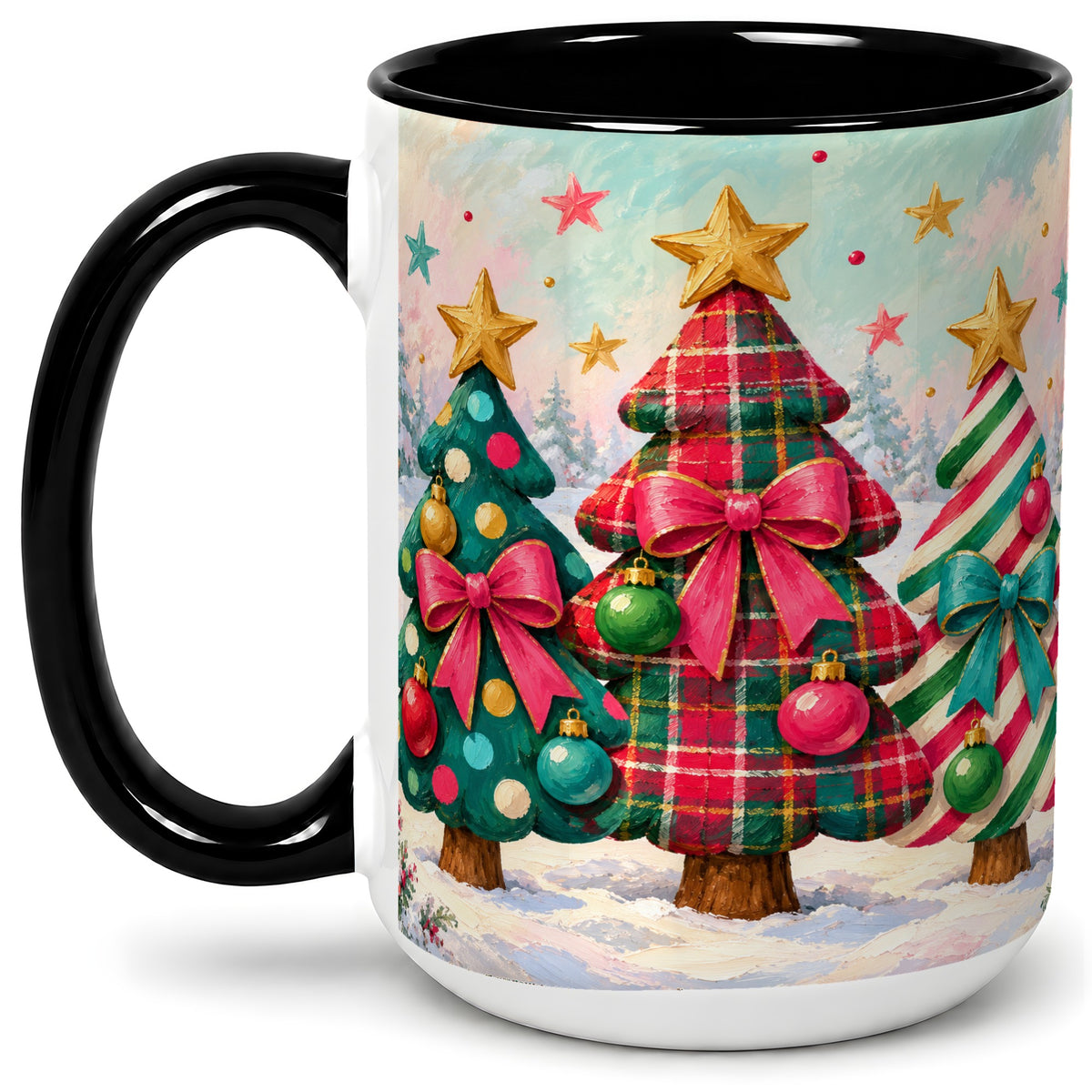 #pl[15oz|Black] Colorful Christmas Trees Accent Mug, Ceramic Cup with Plaid Bows