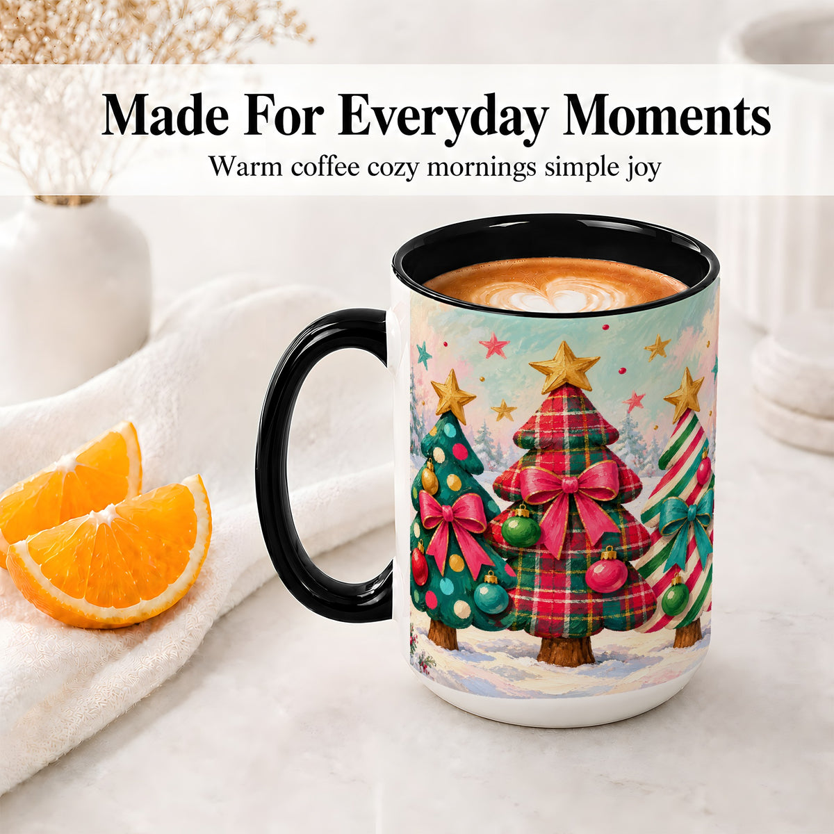 #pl[15oz|Black] Colorful Christmas Trees Accent Mug, Ceramic Cup with Plaid Bows