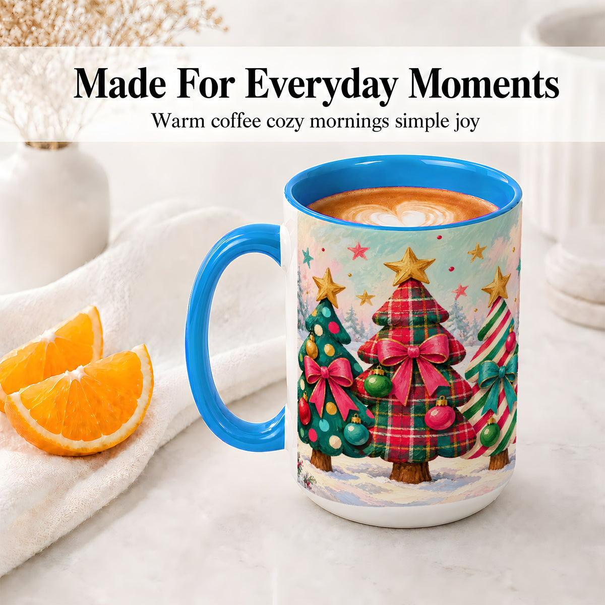 #pl[15oz|Blue] Colorful Christmas Trees Accent Mug, Ceramic Cup with Plaid Bows