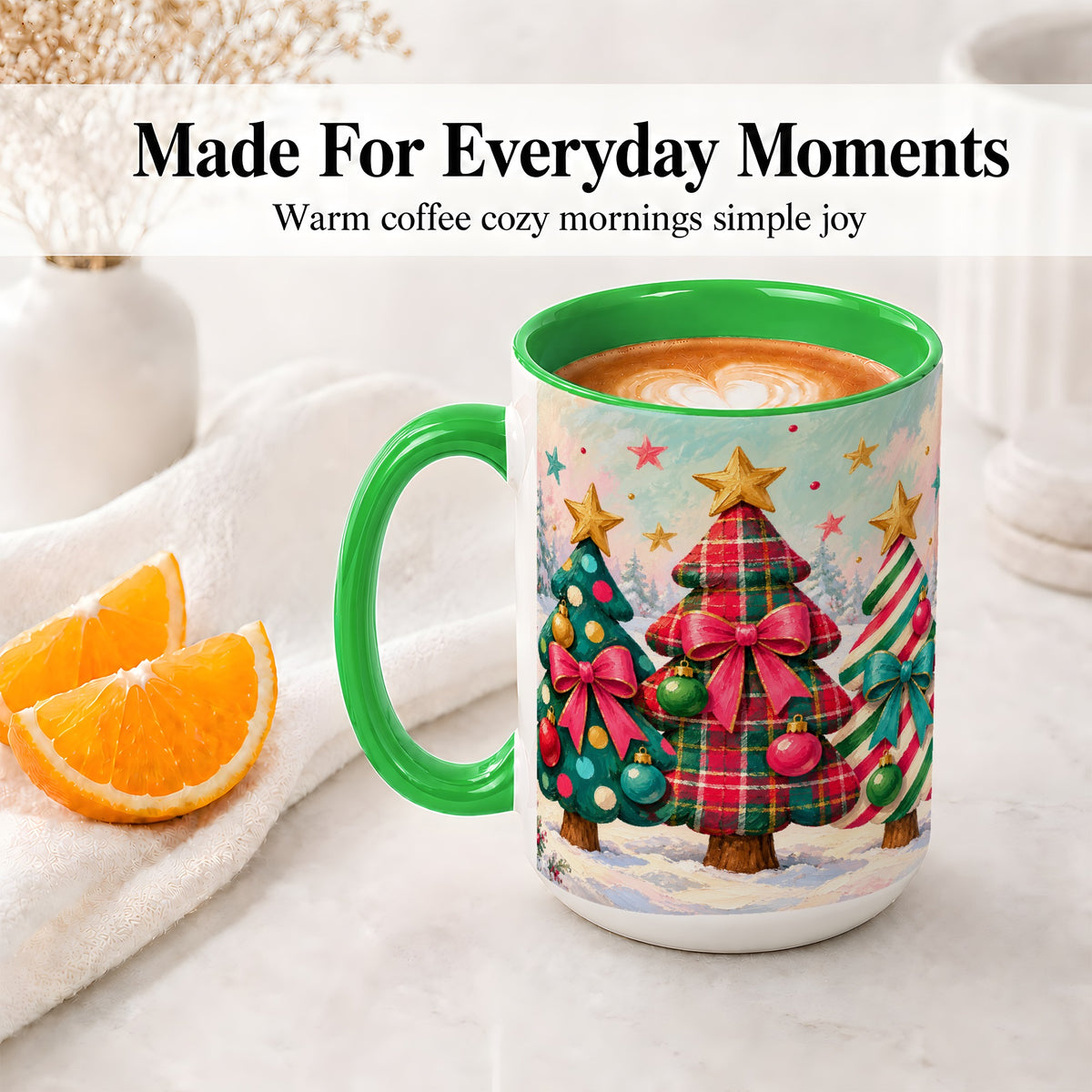 #pl[15oz|Green] Colorful Christmas Trees Accent Mug, Ceramic Cup with Plaid Bows