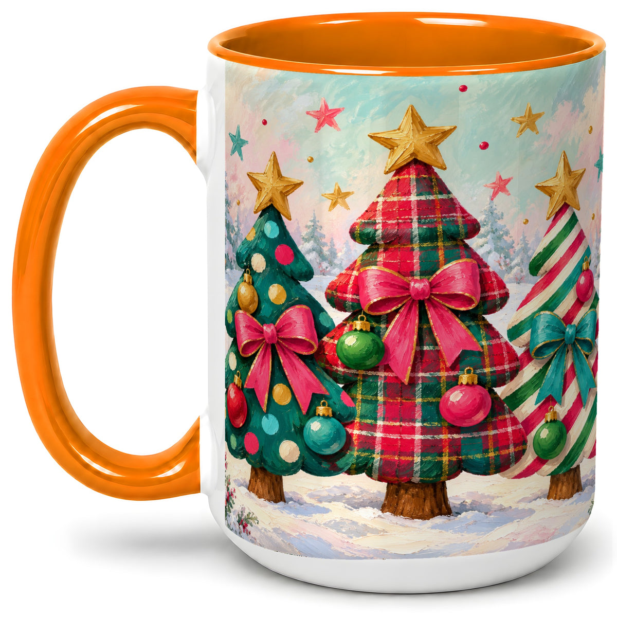 #pl[15oz|Orange] Colorful Christmas Trees Accent Mug, Ceramic Cup with Plaid Bows