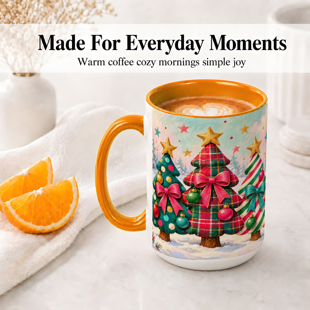 #pl[15oz|Orange] Colorful Christmas Trees Accent Mug, Ceramic Cup with Plaid Bows