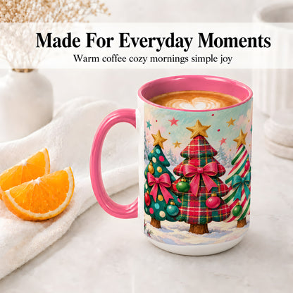 #pl[15oz|Pink] Colorful Christmas Trees Accent Mug, Ceramic Cup with Plaid Bows