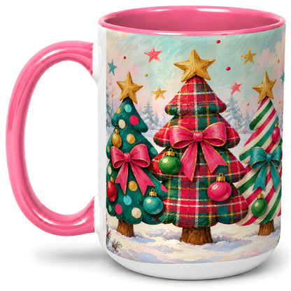 #pl[15oz|Pink] Colorful Christmas Trees Accent Mug, Ceramic Cup with Plaid Bows