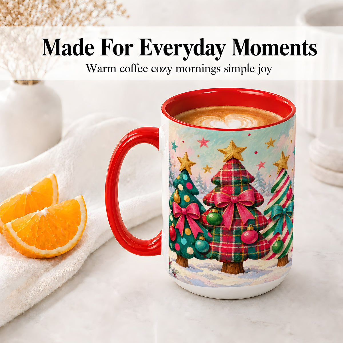#pl[15oz|Red] Colorful Christmas Trees Accent Mug, Ceramic Cup with Plaid Bows