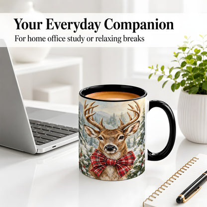 #pl[11oz|Black] Christmas Deer Accent Mug, Ceramic Coffee Cup with Red Plaid Bow