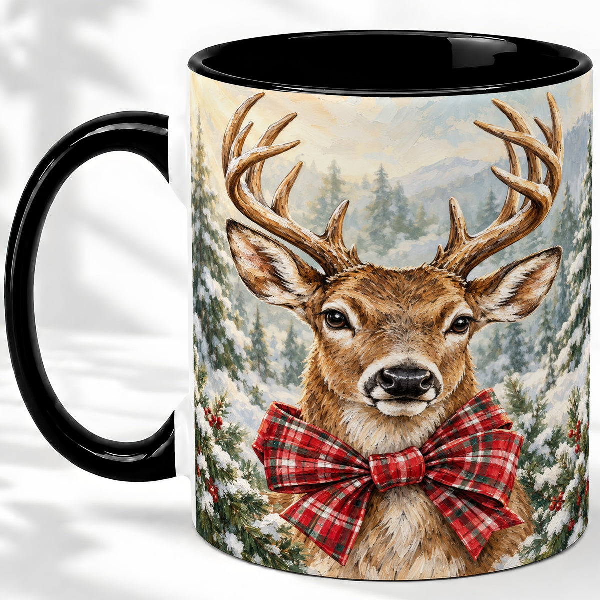 #pl[11oz|Black] Christmas Deer Accent Mug, Ceramic Coffee Cup with Red Plaid Bow