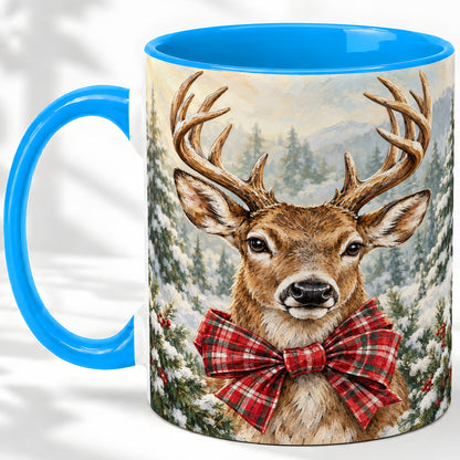 #pl[11oz|Blue] Christmas Deer Accent Mug, Ceramic Coffee Cup with Red Plaid Bow