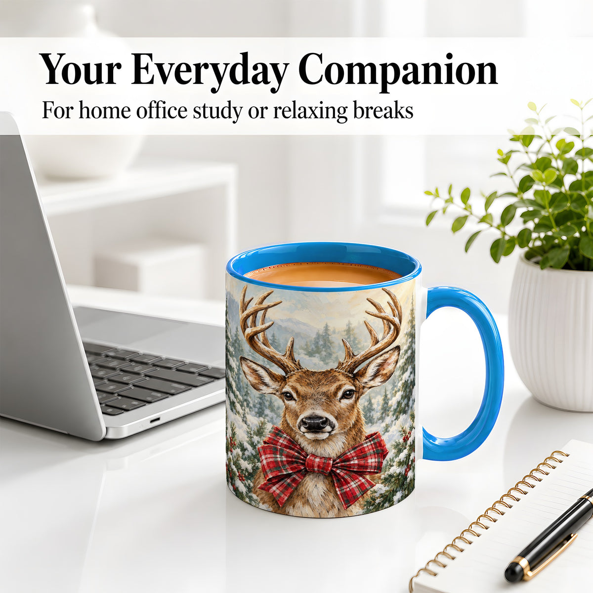 #pl[11oz|Blue] Christmas Deer Accent Mug, Ceramic Coffee Cup with Red Plaid Bow