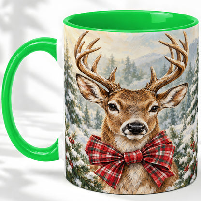 #pl[11oz|Green] Christmas Deer Accent Mug, Ceramic Coffee Cup with Red Plaid Bow
