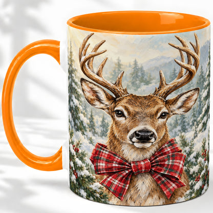 #pl[11oz|Orange] Christmas Deer Accent Mug, Ceramic Coffee Cup with Red Plaid Bow