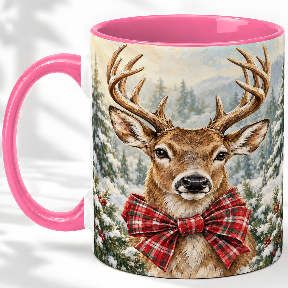 #pl[11oz|Pink] Christmas Deer Accent Mug, Ceramic Coffee Cup with Red Plaid Bow