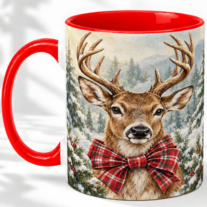 Christmas Deer Accent Mug, Ceramic Coffee Cup with Red Plaid Bow