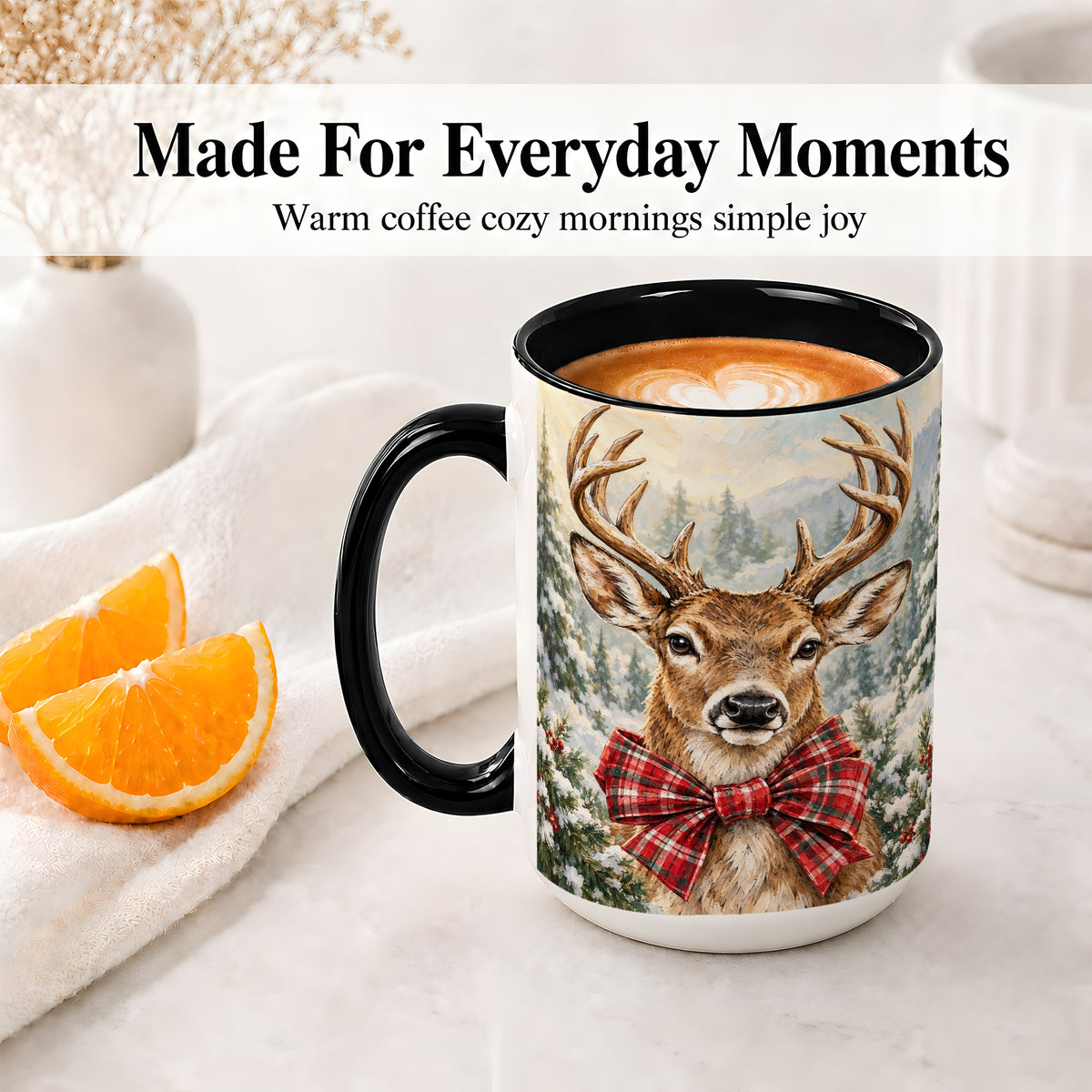 #pl[15oz|Black] Christmas Deer Accent Mug, Ceramic Coffee Cup with Red Plaid Bow