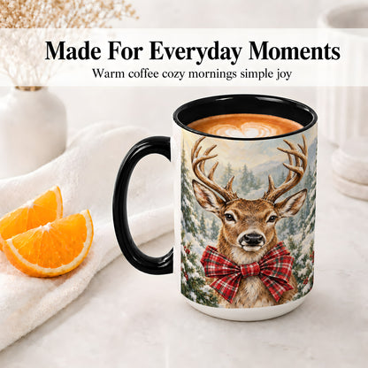 #pl[15oz|Black] Christmas Deer Accent Mug, Ceramic Coffee Cup with Red Plaid Bow