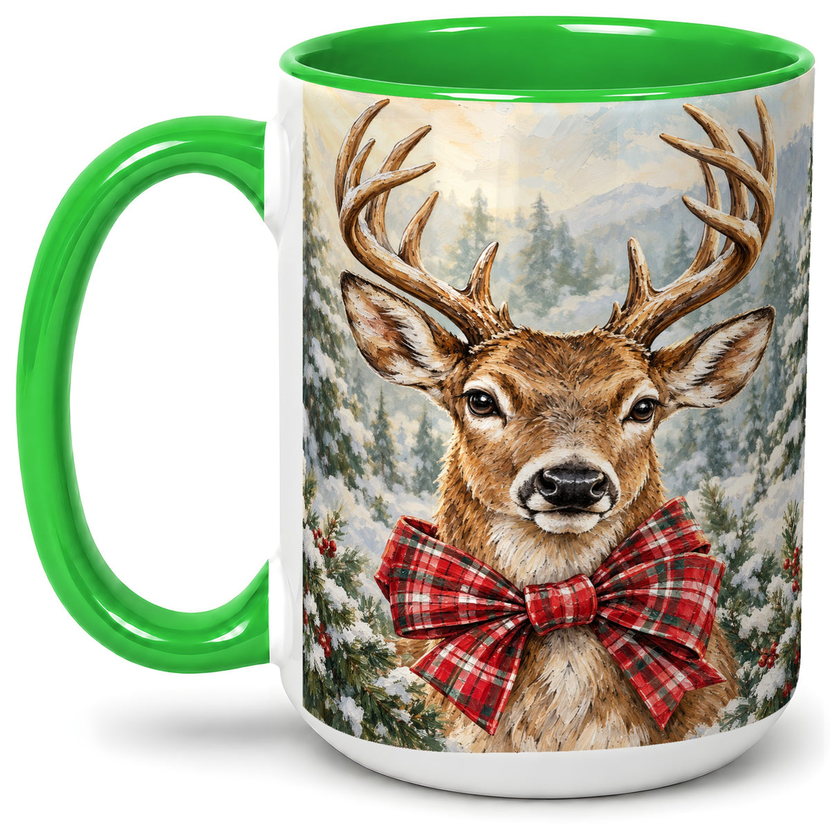 #pl[15oz|Green] Christmas Deer Accent Mug, Ceramic Coffee Cup with Red Plaid Bow