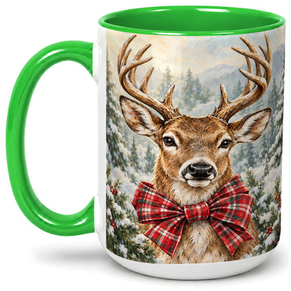 #pl[15oz|Green] Christmas Deer Accent Mug, Ceramic Coffee Cup with Red Plaid Bow