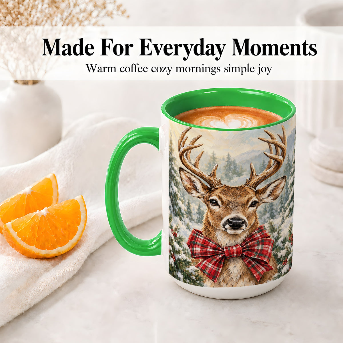 #pl[15oz|Green] Christmas Deer Accent Mug, Ceramic Coffee Cup with Red Plaid Bow