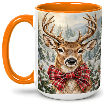 #pl[15oz|Orange] Christmas Deer Accent Mug, Ceramic Coffee Cup with Red Plaid Bow