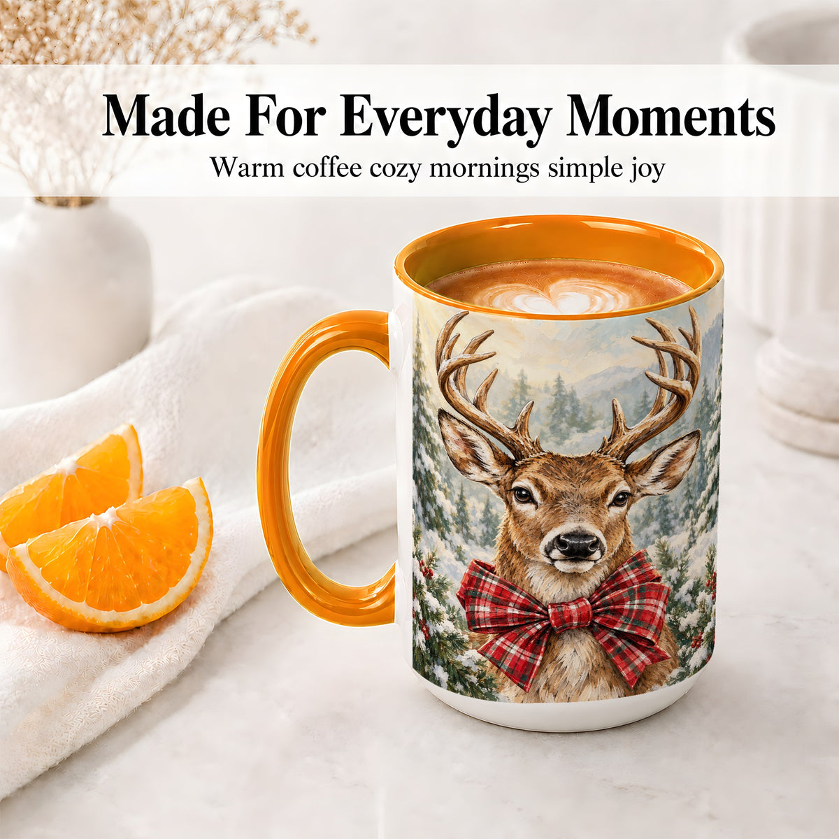#pl[15oz|Orange] Christmas Deer Accent Mug, Ceramic Coffee Cup with Red Plaid Bow