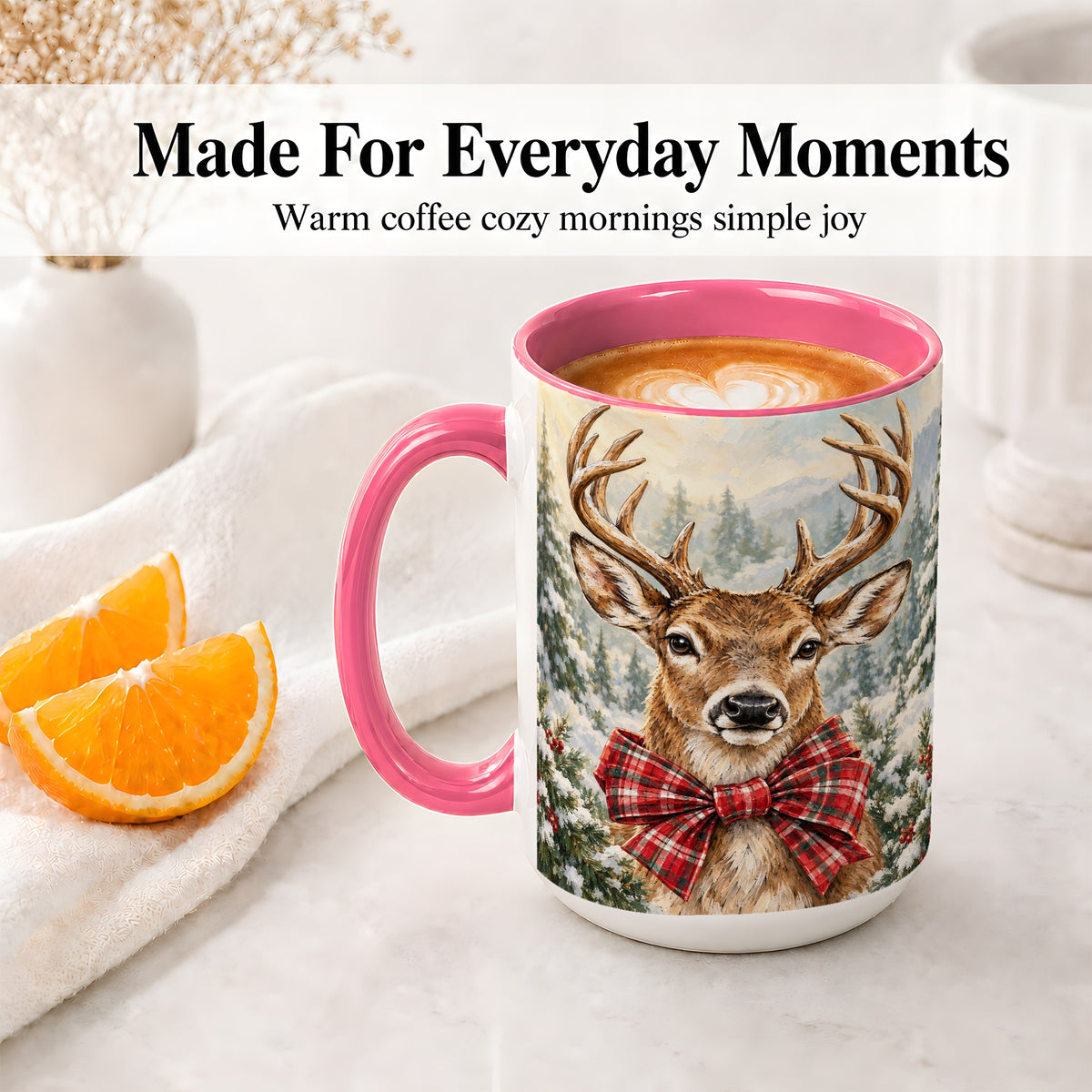 #pl[15oz|Pink] Christmas Deer Accent Mug, Ceramic Coffee Cup with Red Plaid Bow