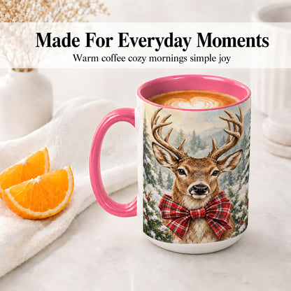#pl[15oz|Pink] Christmas Deer Accent Mug, Ceramic Coffee Cup with Red Plaid Bow