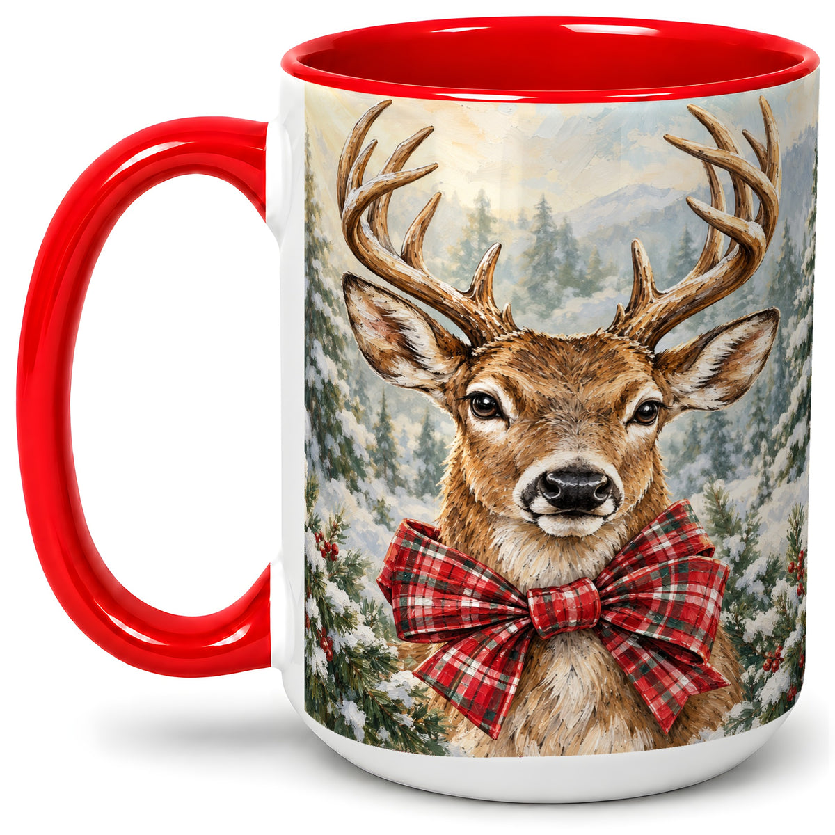 #pl[15oz|Red] Christmas Deer Accent Mug, Ceramic Coffee Cup with Red Plaid Bow