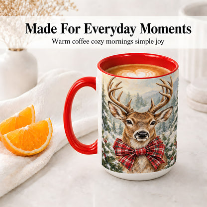 #pl[15oz|Red] Christmas Deer Accent Mug, Ceramic Coffee Cup with Red Plaid Bow
