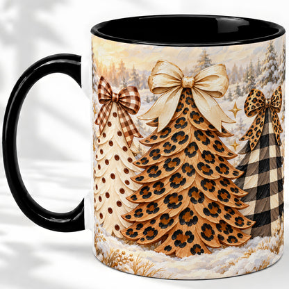 #pl[11oz|Black] Leopard Print Christmas Trees Accent Mug, Ceramic Coffee Cup