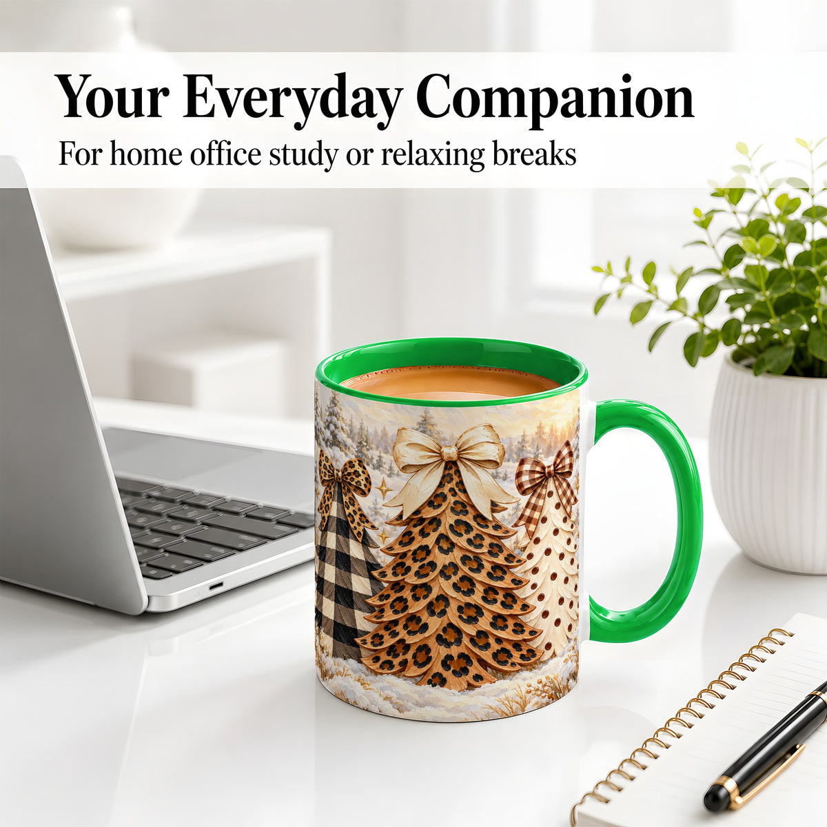 #pl[11oz|Green] Leopard Print Christmas Trees Accent Mug, Ceramic Coffee Cup