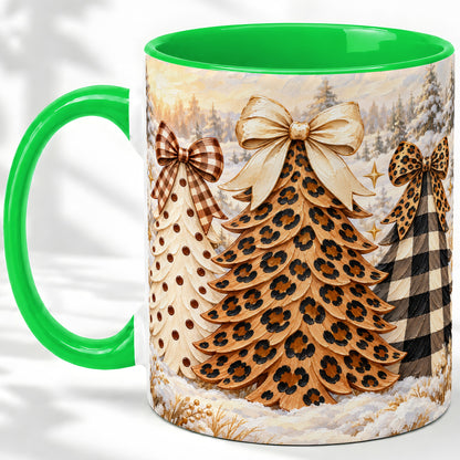 #pl[11oz|Green] Leopard Print Christmas Trees Accent Mug, Ceramic Coffee Cup