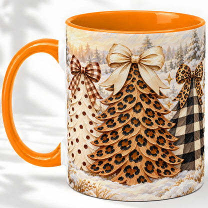 #pl[11oz|Orange] Leopard Print Christmas Trees Accent Mug, Ceramic Coffee Cup